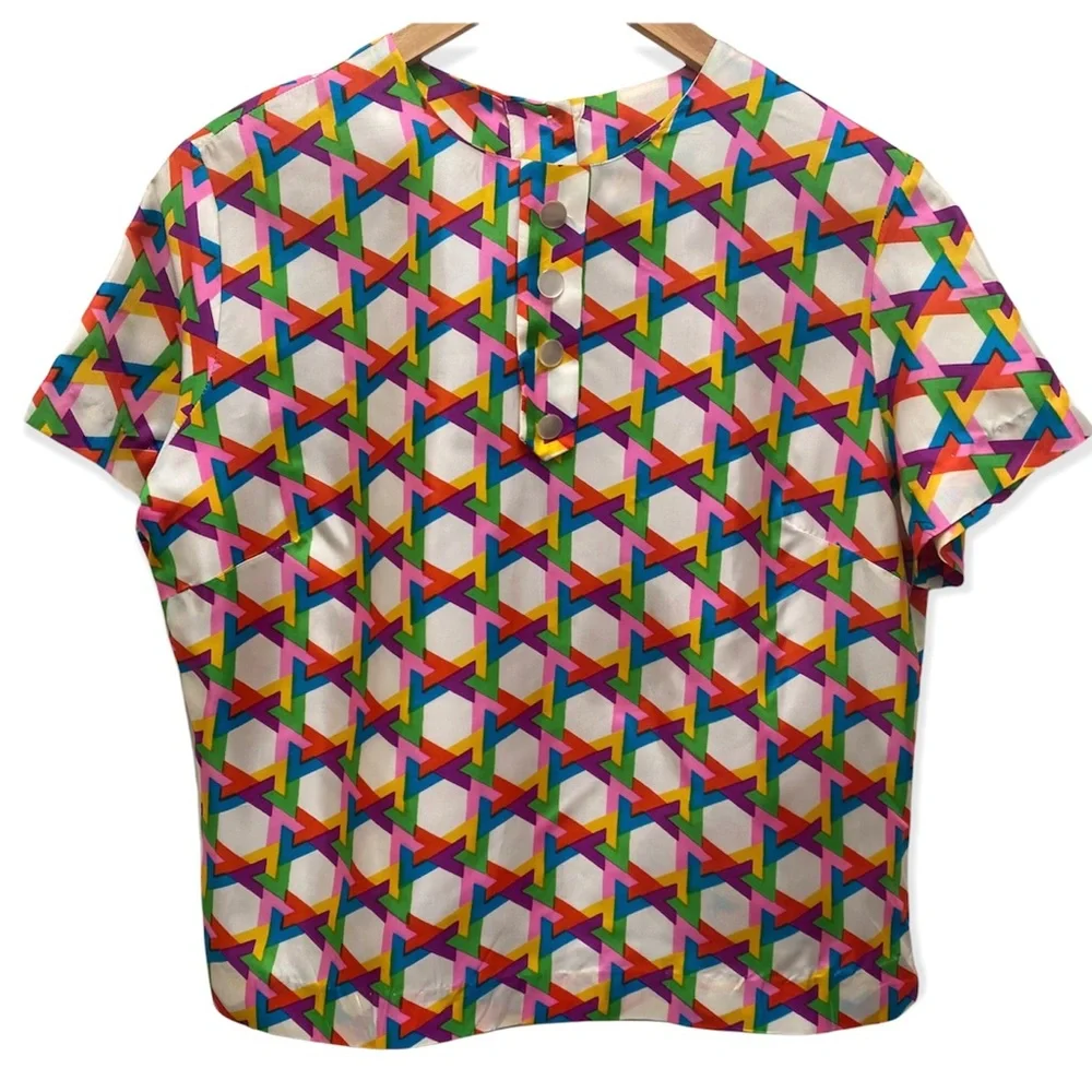 Vintage Alice Stewart Mod Geo Print Top Int'l Ladies Garment Union Tag - Picture 1 of 12